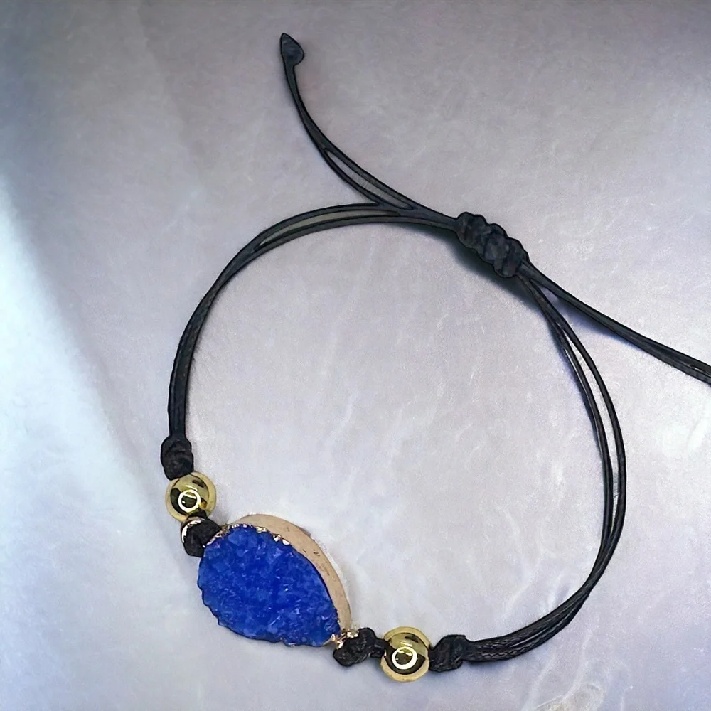 Chic NWOT Black Leather Adjustable Bracelet with Dazzling Gold & Blue Charm